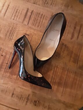 Christian Louboutin Black Patent Pointed-Toe Stiletto Pumps with Red Splatter